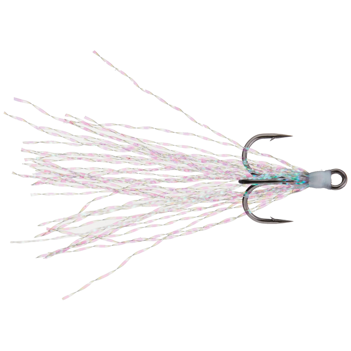 Megabass Karashi Tinsel Hook #10 featuring a sharp treble hook with multicolored iridescent tinsel strands designed for fishing tackle and lures.