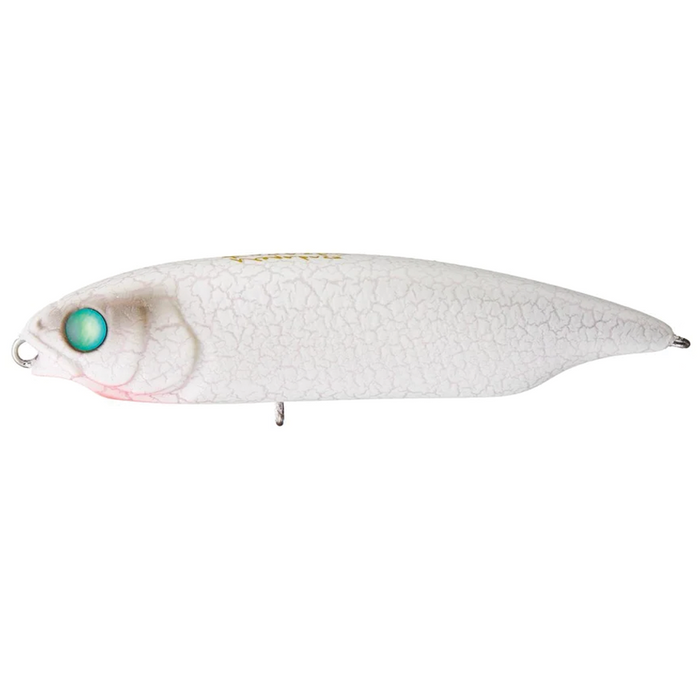 Megabass Karashi fishing lure in white with textured cracked pattern and a prominent blue-green eye, designed for musky and freshwater fishing.