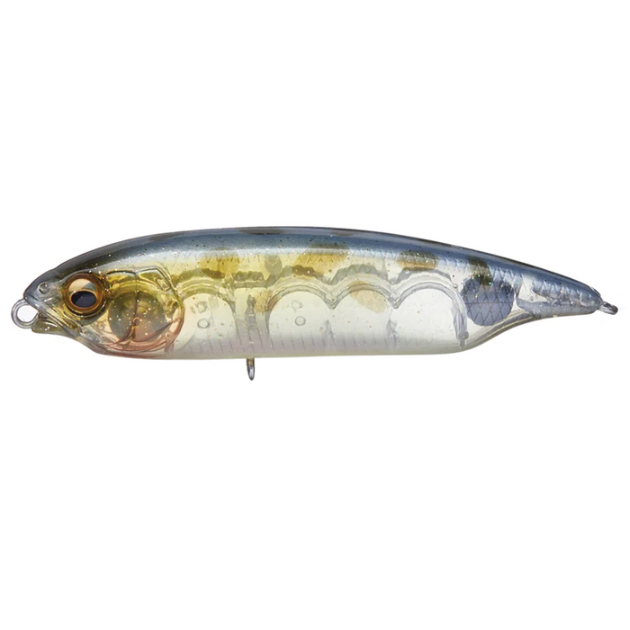 Transparent fishing lure with detailed eyes and golden-yellow, silver, and blue hues designed for freshwater fishing, labeled Megabass Karashi.