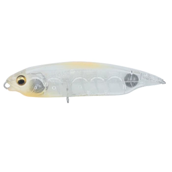 Clear and translucent fishing lure with subtle yellow accents and realistic eye, designed for freshwater fishing, showing detailed inner structure, identified as Megabass Karashi.