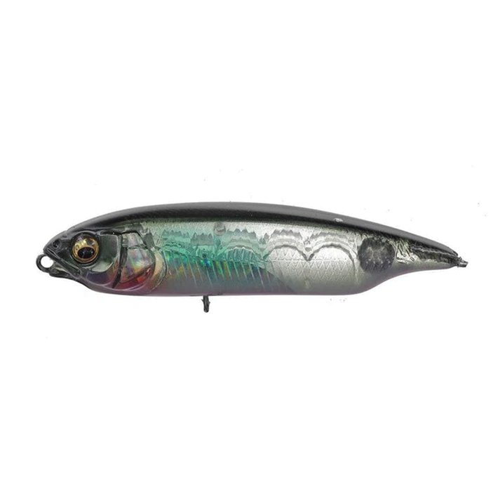 Megabass Karashi fishing lure with a detailed fish-like design featuring a reflective green and silver body, realistic eyes, and textured scales for effective fishing tackle use.
