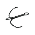 Close-up view of a black metal Megabass Katsuage Out-Barb Treble Hooks fishing tackle with three sharp curved points designed for secure catch.