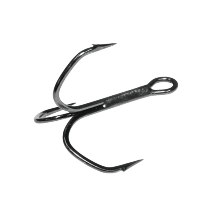 Close-up view of a black metal Megabass Katsuage Out-Barb Treble Hooks fishing tackle with three sharp curved points designed for secure catch.