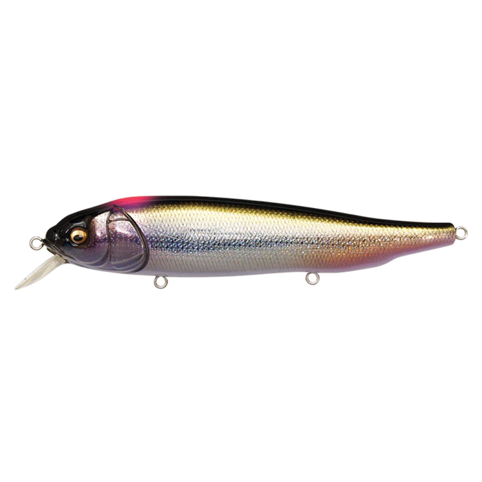 Megabass LATES Feeding Woofer fishing lure with realistic fish scale pattern in metallic gold and purple hues, designed for musky and freshwater fishing tackle.