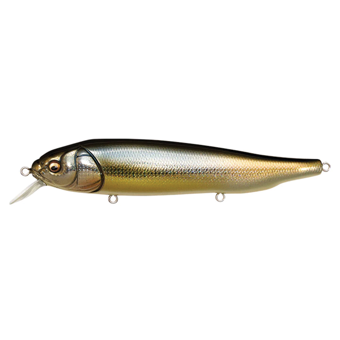Megabass LATES Feeding Woofer fishing lure in realistic fish design with metallic gold, silver, and black coloring, featuring a clear diving lip and multiple attachment points for fishing tackle.