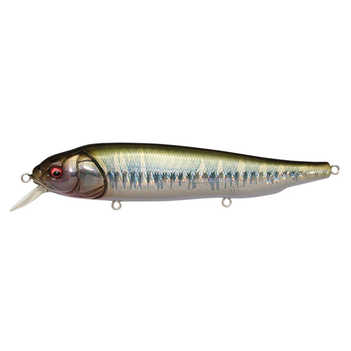 Megabass LATES Feeding Woofer fishing lure with realistic fish scale pattern, red eyes, and a small diving lip designed for effective fishing tackle use.
