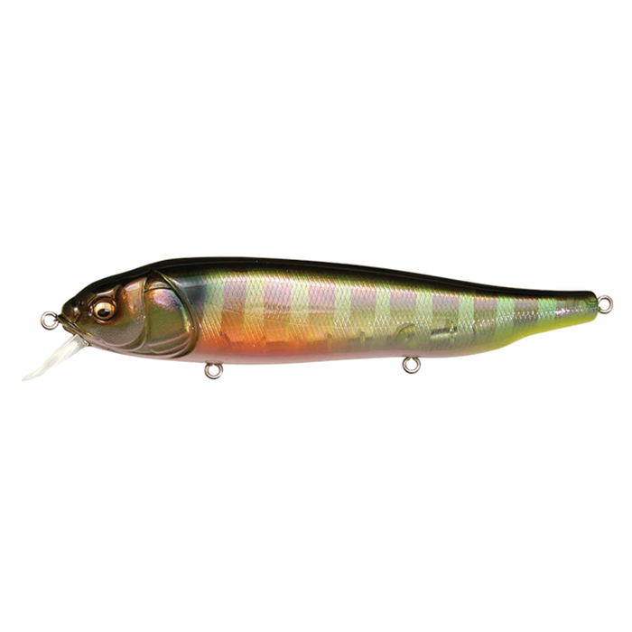 Megabass LATES Feeding Woofer fishing lure with realistic fish scale pattern, lifelike eyes, and durable body designed for effective fishing tackle use.