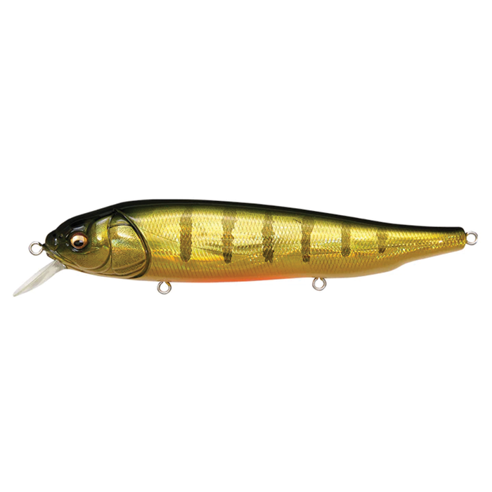 Megabass LATES Feeding Woofer fishing lure in gold and green with detailed scale pattern, lifelike eyes, and a lip for diving, designed for effective fishing tackle use.