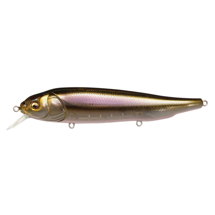 Megabass LATES Feeding Woofer fishing lure with a realistic fish design, detailed scales, and subtle color gradient for effective attraction in fishing tackle.