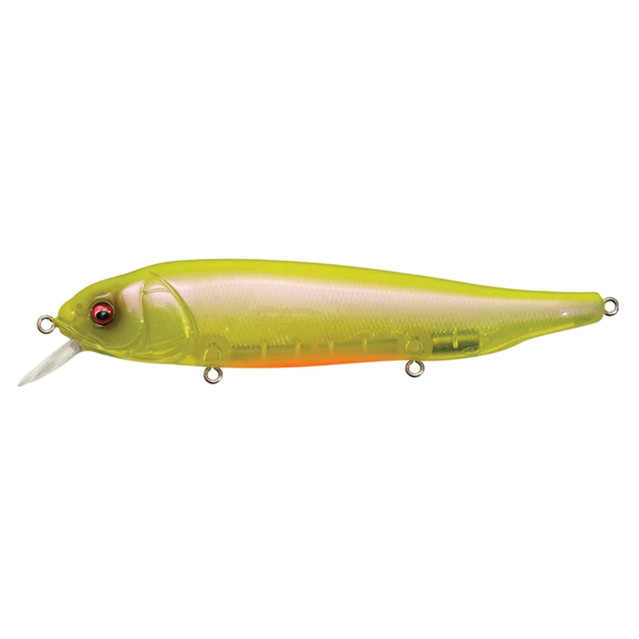 Megabass LATES Feeding Woofer fishing lure in translucent yellow-green with red eyes, designed for attracting musky and other predator fish.