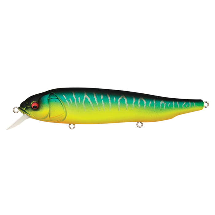 Megabass LATES Feeding Woofer fishing lure with a green and yellow body, red eyes, and a small transparent lip for realistic water movement.