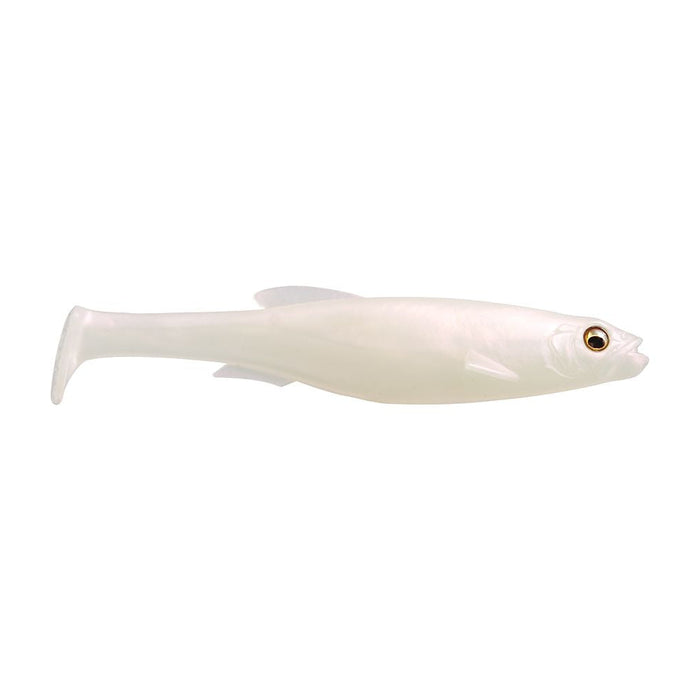 Megabass Magdraft 5" Freestyle soft fishing lure in translucent white with realistic fish shape and detailed eyes, designed for freshwater fishing tackle.