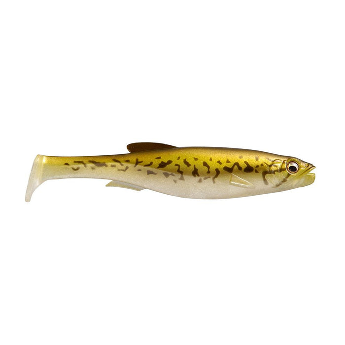 Megabass Magdraft 5" Freestyle soft fishing lure with a realistic yellow and brown pattern, designed for effective freshwater fishing tackle.