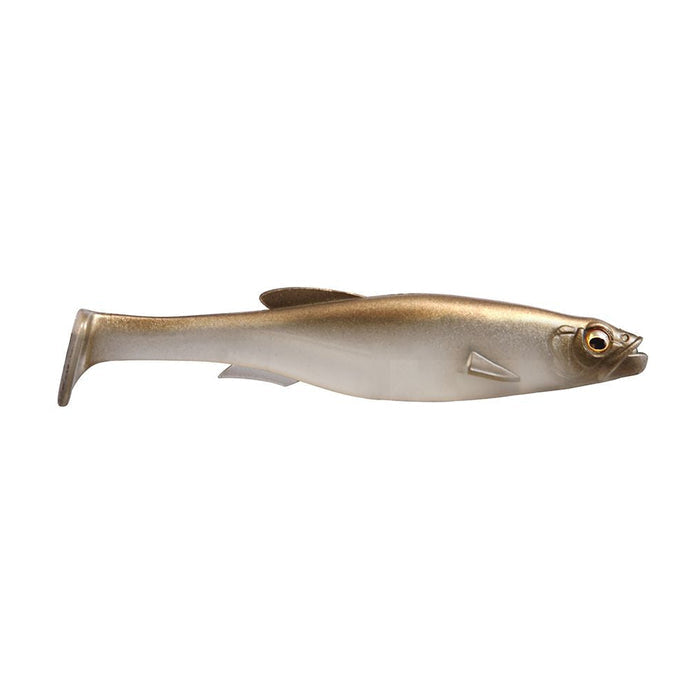 Megabass Magdraft 5" Freestyle soft fishing lure in natural brown and silver tones, designed to mimic a small baitfish for attracting musky and other game fish.