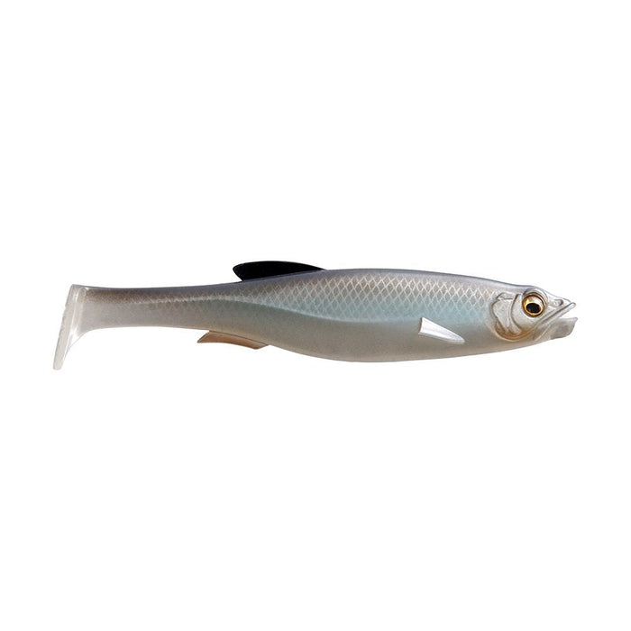 Megabass Magdraft 5" Freestyle soft fishing lure designed to mimic a small baitfish with realistic eyes, translucent silver-blue body, and detailed fins for effective fishing tackle use.