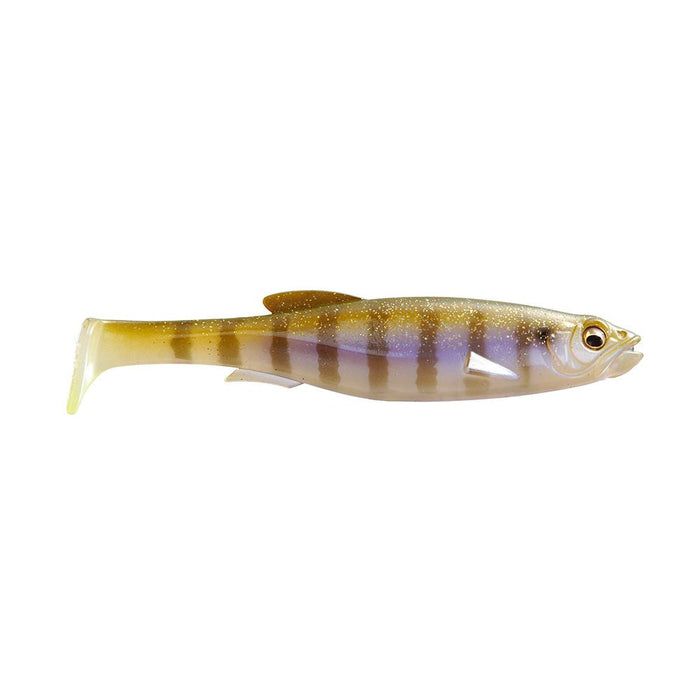 Soft plastic fishing lure in natural brown and yellow colors with striped pattern and detailed eyes, designed for use with the Megabass Magdraft 5" Freestyle.
