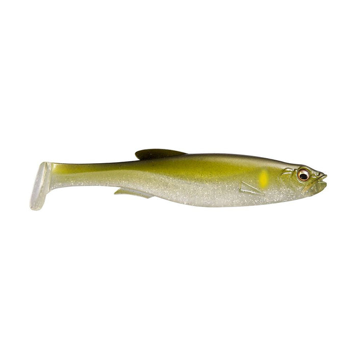 Soft plastic fishing lure in green and silver with realistic fish eyes and a paddle tail, designed for use with Megabass Magdraft 5" Freestyle fishing rods and reels.