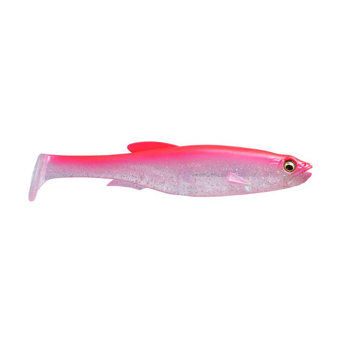Megabass Magdraft 5" Freestyle soft fishing lure in pink and translucent silver with realistic fish eye detail and paddle tail designed for lifelike movement in water.