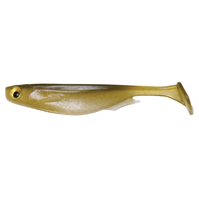 Megabass Spark Shad USA fishing lure in olive green with detailed eyes and paddle tail, designed for effective movement in water to attract fish.