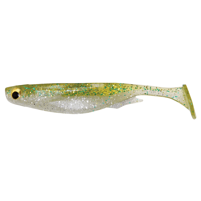 Megabass Spark Shad USA soft fishing lure in translucent beige with green and silver glitter, designed to mimic a small baitfish for effective fishing tackle use.