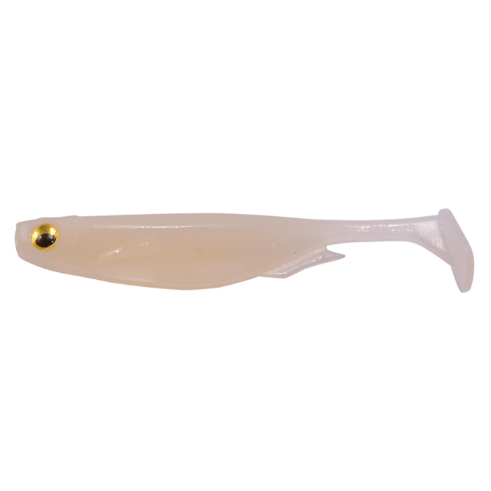 Megabass Spark Shad USA soft fishing lure in pearly white with a paddle tail and a realistic gold and black eye, designed for effective fishing tackle use.