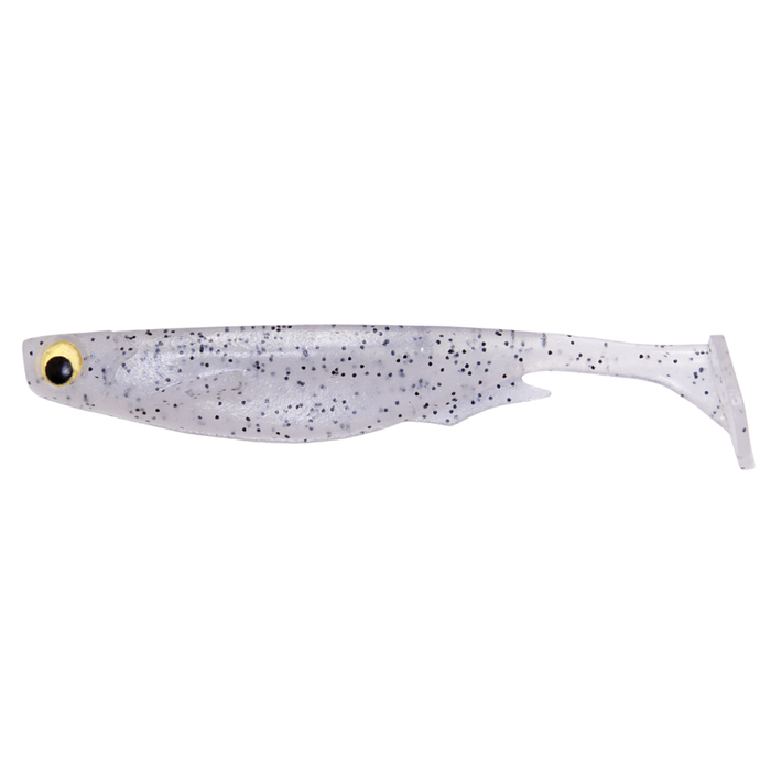 Megabass Spark Shad USA soft plastic fishing lure in translucent white with black speckles and a yellow eye, designed for use as fishing tackle.
