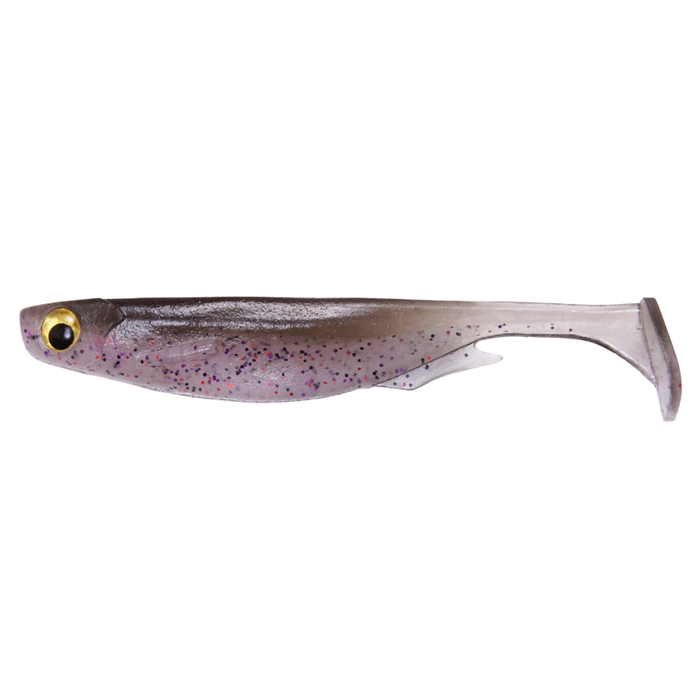 Megabass Spark Shad USA fishing lure in translucent gray with purple speckles and a paddle tail designed for realistic movement in water.