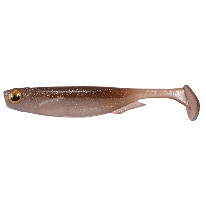 Megabass Spark Shad USA soft plastic fishing lure in brown with glitter, designed to mimic a small baitfish for effective fishing tackle use.