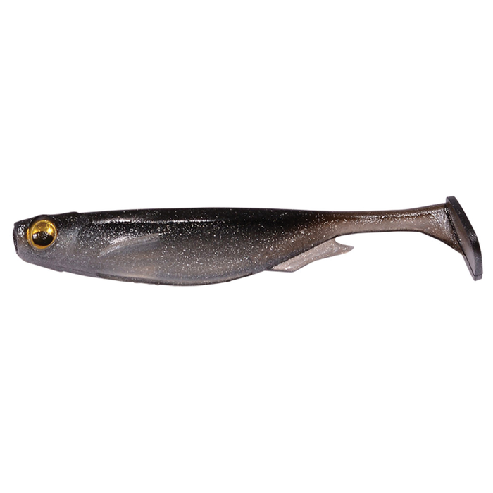Megabass Spark Shad USA soft plastic fishing lure in black and gray with a paddle tail and realistic gold eye, designed for fishing tackle and lure enthusiasts.