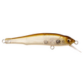 Megabass X-70 BFS fishing lure in translucent gold and silver tones, designed for precise freshwater fishing with detailed eyes and a small diving lip.