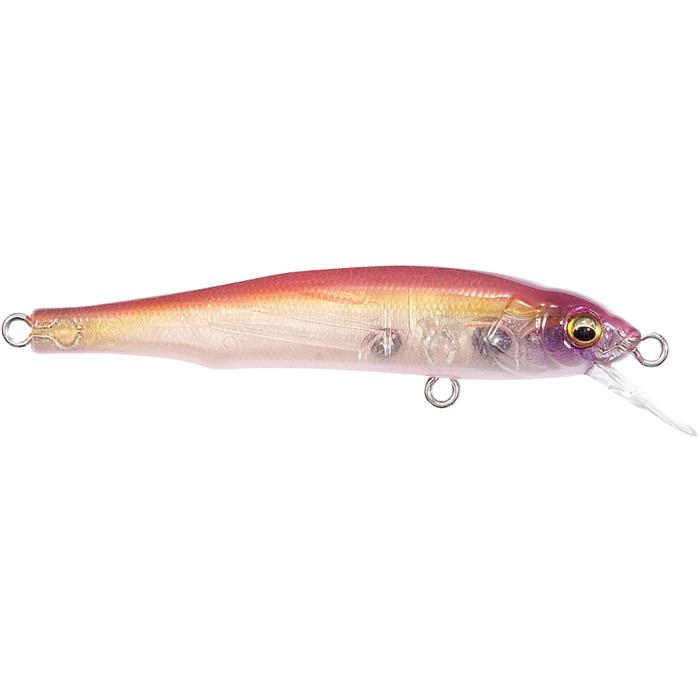 Megabass X-70 BFS fishing lure in translucent pink and gold tones with detailed scale texture and realistic eye, designed for freshwater fishing and enhanced fish attraction.