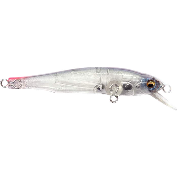 Megabass X-70 BFS transparent fishing lure with realistic fish eye detail, designed for precise casting and effective fishing tackle performance.