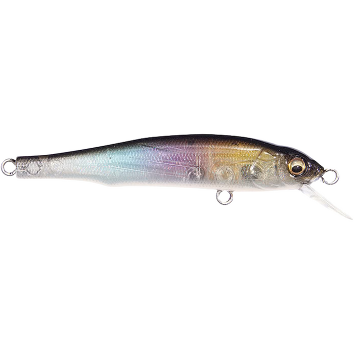 Megabass X-70 BFS fishing lure with a realistic fish design in shades of silver, purple, and gold, featuring detailed eyes and hooks for musky fishing tackle.