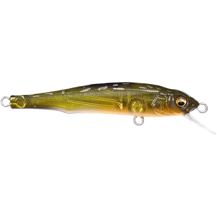 Megabass X-70 BFS fishing lure with a realistic fish pattern in olive green and orange tones, featuring multiple attachment points and a clear diving lip for lifelike movement in water.