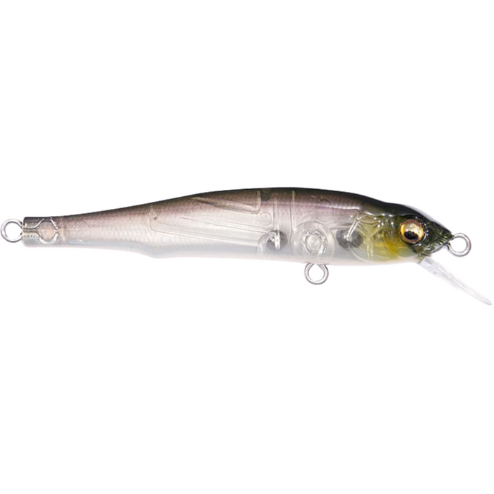 Megabass X-70 BFS fishing lure in a translucent design with realistic fish patterns and a small diving lip, ideal for precision fishing tackle setups.