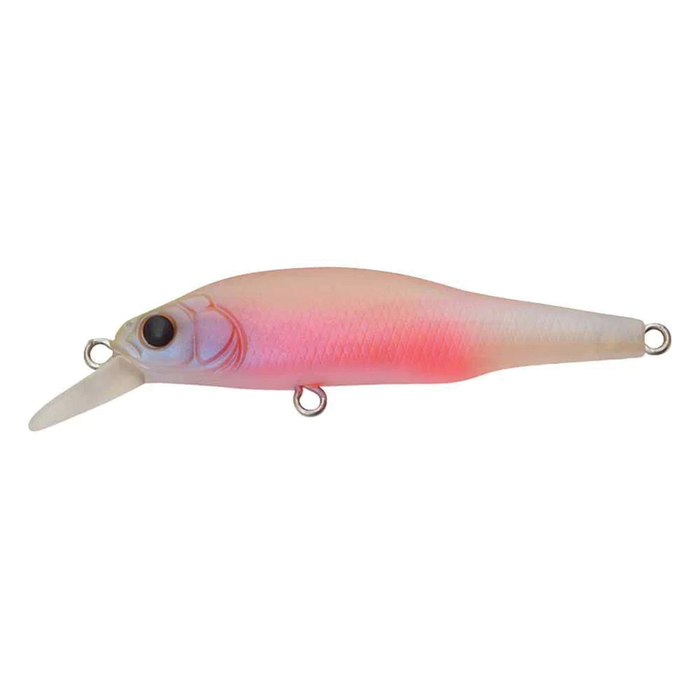 Megabass X-80 Jr. fishing lure in translucent white and pink with realistic fish eye and lip, designed for effective fishing tackle use.