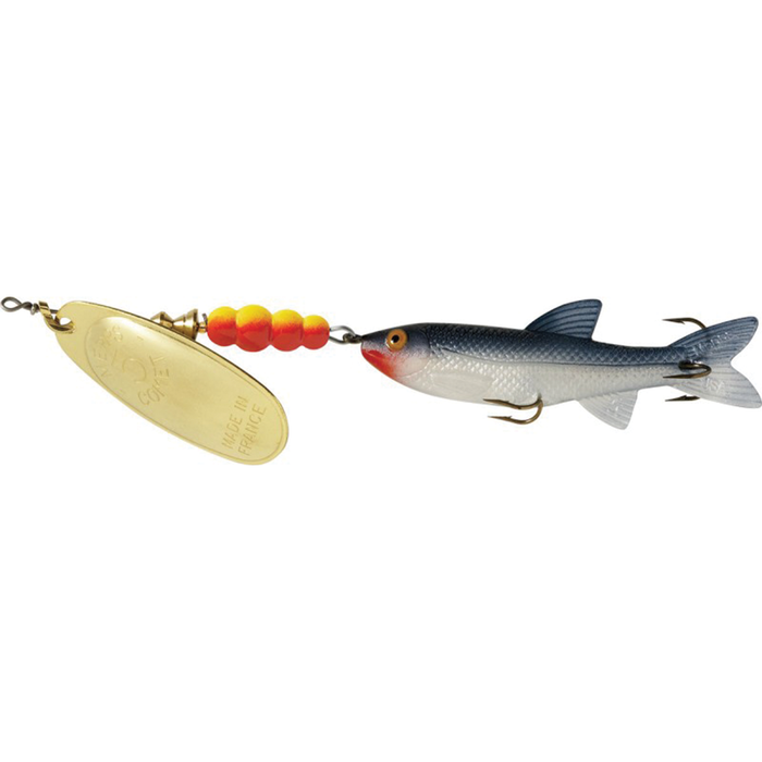 Mepps Comet Mino fishing lure with a realistic blue and white fish-shaped body, orange bead accents, a gold spinner blade, and multiple sharp hooks designed for effective fishing tackle.