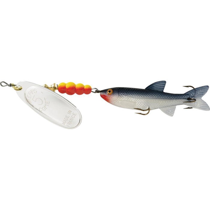 Mepps Comet Mino fishing lure featuring a silver spinner blade, orange and yellow beads, and a lifelike fish body in blue and white with dual hooks for effective fishing tackle use.