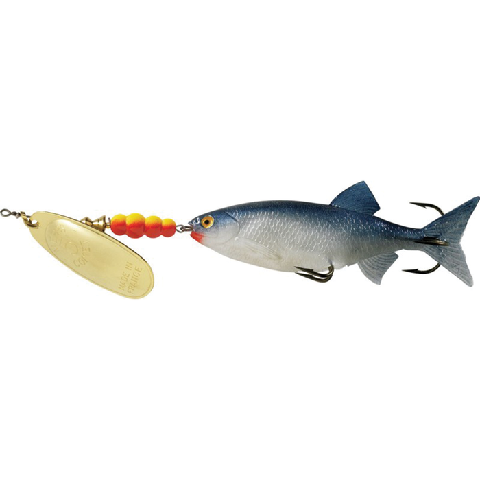 Mepps Comet MX Mino fishing lure featuring a lifelike blue and silver minnow body with bright orange beads and a gold-colored spinning blade for effective fishing tackle use.