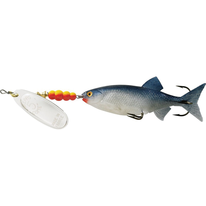 Mepps Comet MX Mino fishing lure featuring a detailed blue and silver fish-shaped body with orange bead accents and a silver spinning blade for fishing tackle.