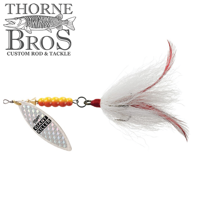Mepps Giant Killer fishing lure with shiny silver spinner blade, orange beads, and white and red feathered tail designed for effective fishing tackle use.