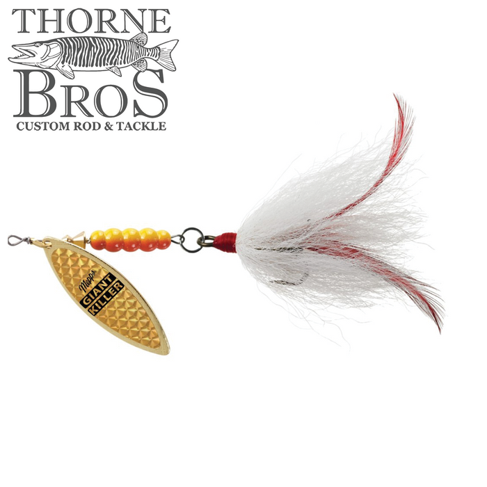 Mepps Giant Killer fishing lure with gold spinner blade, yellow beads, and white-red feathered tail, designed for effective freshwater fishing tackle.