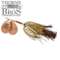Mepps Musky Flashabou Heiting Series (Double Blade) fishing lure with two copper-colored blades and a flashabou skirt in gold and brown tones designed for musky fishing.