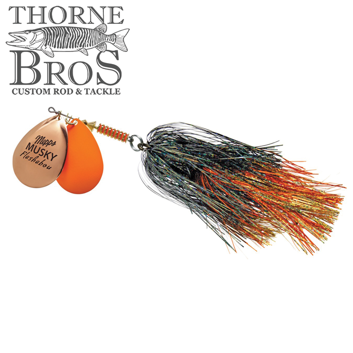Mepps Musky Flashabou Heiting Series (Double Blade) fishing lure featuring two metal blades, one copper and one orange, with a colorful synthetic fiber skirt designed for musky fishing.