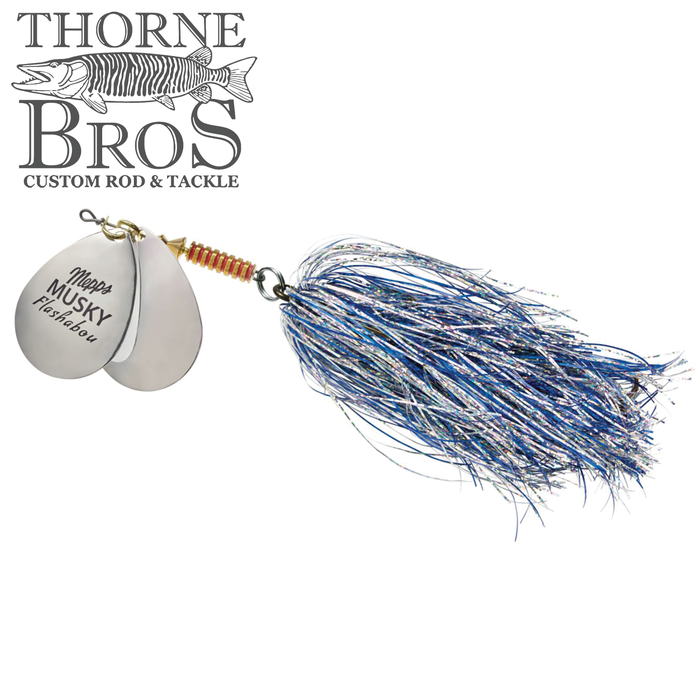 Mepps Musky Flashabou Heiting Series (Double Blade) fishing lure with two silver blades and blue and silver flashabou skirt, ideal for musky fishing and fishing tackle enthusiasts.