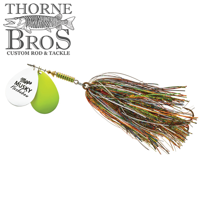 Mepps Musky Flashabou Heiting Series (Double Blade) spinner lure with two blades in white and chartreuse and a multi-colored flashabou skirt designed for muskellunge fishing.
