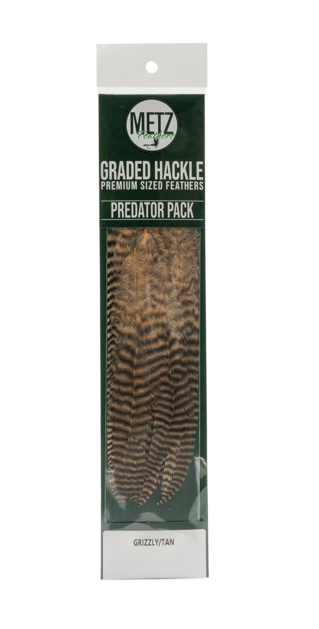 Package of Metz Predator Pack graded hackle feathers in natural grizzly and tan colors for fly fishing tackle, designed for premium-sized musky and predator lure customization.