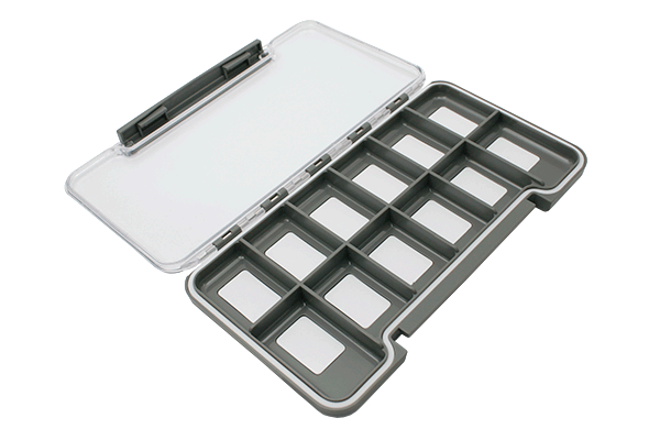 MFC Beaverhead Fly Box with a clear hinged lid and multiple rectangular compartments designed for organizing fishing lures and fly fishing tackle.