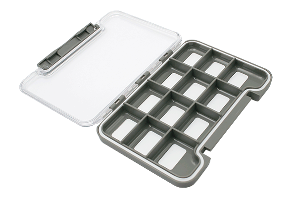 MFC Beaverhead Fly Box with clear hinged lid and multiple compartments for organizing fishing lures and tackle, designed for durability and easy access.