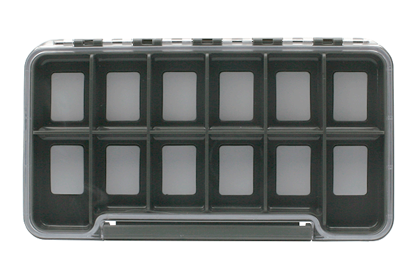 MFC Beaverhead Fly Box with a clear plastic lid and multiple black compartments designed to organize and store fishing tackle and flies securely.
